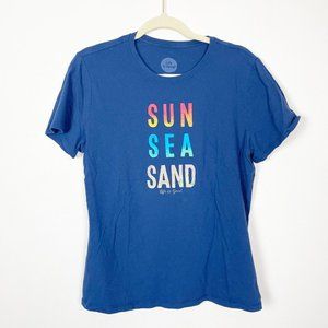 Life is Good Woman's Sz M Classic Fit Crew Neck Navy Blue Sun Sea Sand T‎ Shirt